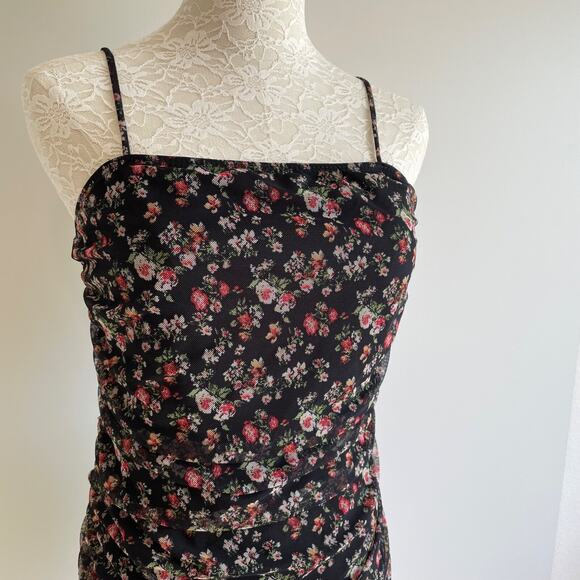 Dainty Floral Chiffon Lace Ruched Mini Dress Size L Black Fairy Whimsy Goth Y2k - Picture 2 of 11